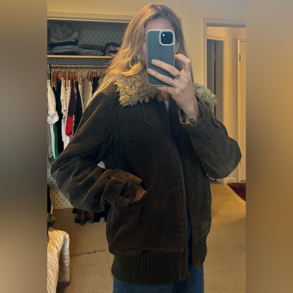 Vintage Brown Corduroy Fleece Lined with Tan Sherpa Collar Zip Up Bomber Jacket - Picture 3 of 10